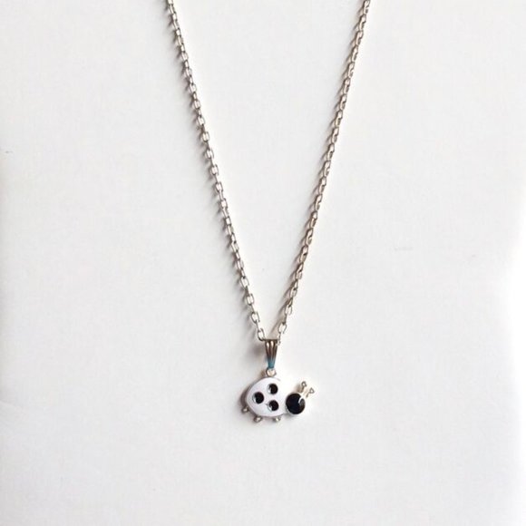 Ladybug Necklace 20" Black White Enamel Insect Beetle Bug Silver Plated - Picture 8 of 11